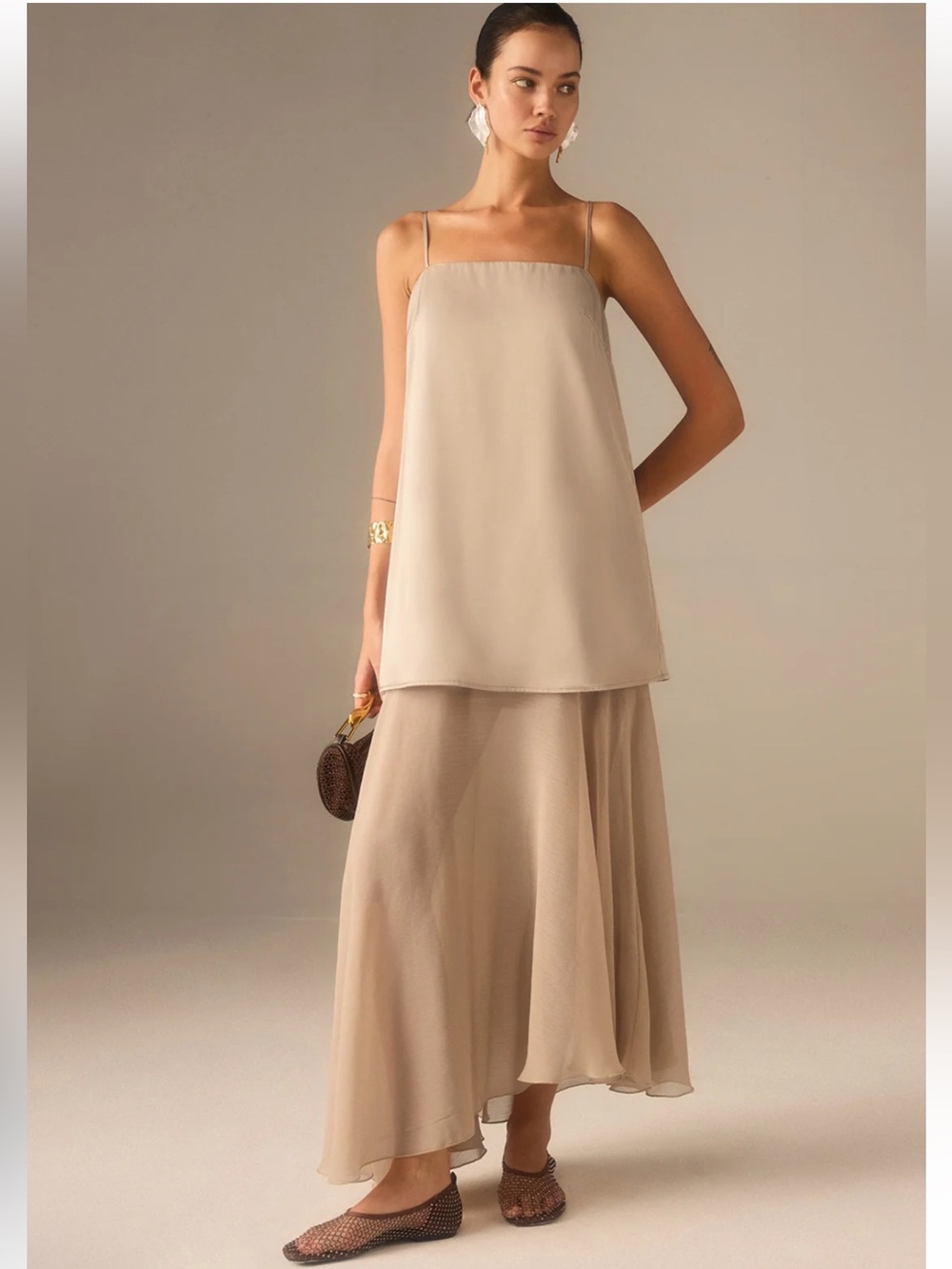Beige Slip Top and Flowing Skirt Set